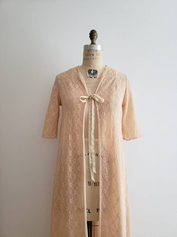 Vintage 70s, 1970s peach pink floral lace dressin… - image 3