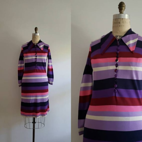 Vintage 70s, 1970s purple, pink, white and navy r… - image 1
