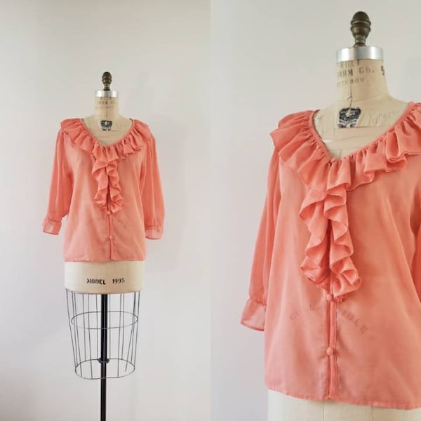 Vintage salmon pink ruffled button up cotton blend summer blouse, Le Chateau retro long sleeve top size medium/large M/L