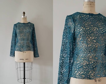 Vintage 1990s teal and silver metallic speckled long sleeve crochet top, 90s blue beach cover up blouse size medium/large M/L
