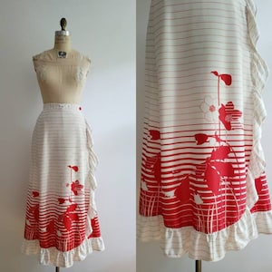 Vintage 70s, 1970s white and red maxi wrap skirt with all over stripe and floral design, skirt with ruffled hem, boho bohemian long skirt S