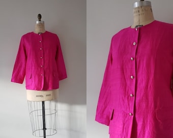 Vintage 1990s fuchsia pink button up silk blouse with back self-fabric belt, 90s pink cardigan with swirl buttons size medium M