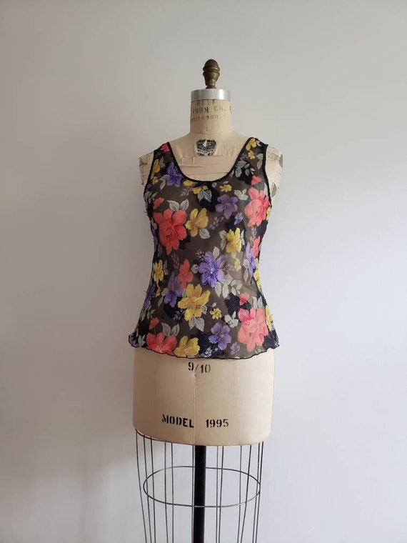 Vintage 90s, 1990s sleeveless sheer floral embroi… - image 5