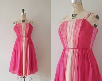 Vintage 1950s pink ombre chiffon cocktail dress, 50s mid century chiffon Junior Vogue fit and flare party dress size XXS/XS