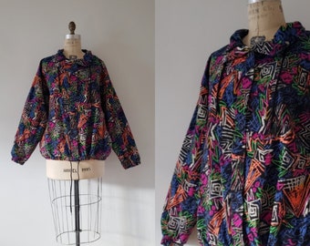 Vintage 1990s graffiti abstract zip up windbreaker, 90s retro multi colored cotton rain jacket size large L