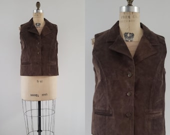 Vintage 1970s chocolate brown leather suede oversized button up vest, 70s retro fall staple layering piece size medium/large M/L