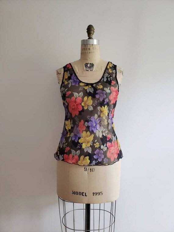 Vintage 90s, 1990s sleeveless sheer floral embroi… - image 3