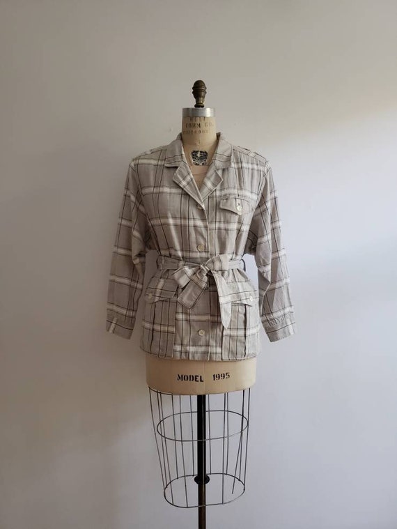 Vintage 80s, 1980s light grey and white plaid bel… - image 2