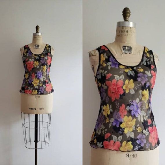 Vintage 90s, 1990s sleeveless sheer floral embroi… - image 1