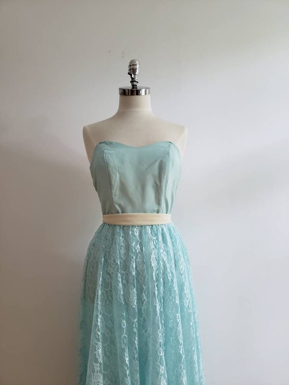 Vintage 80s, 1980s light mint strapless dress wit… - image 3