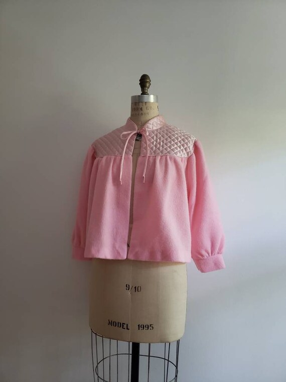 Vintage 80s, 1980s fuzzy pink open bed jacket wit… - image 5