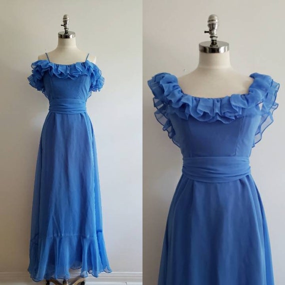 Vintage 80s, 1980s blue chiffon maxi prom evening