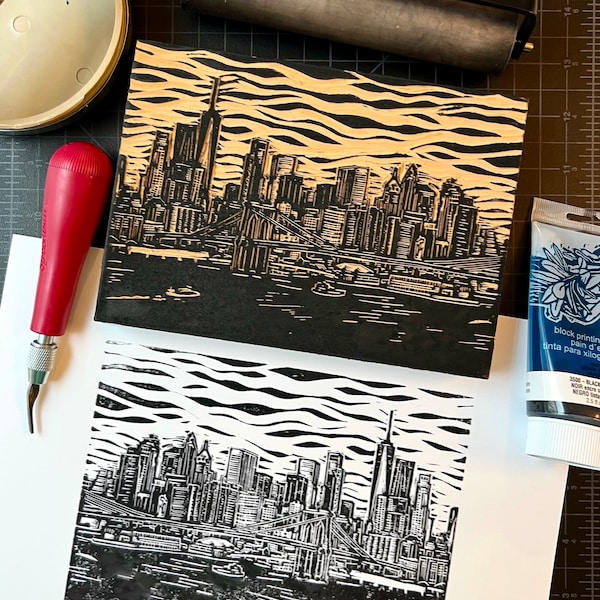 New York City Skyline Linoleum Print