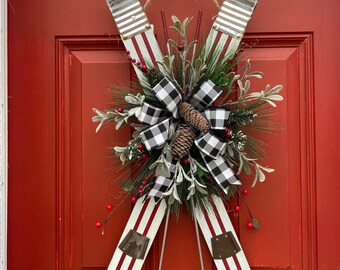 Winter Decor Rustic Farmhouse Decor Vintage Inspired Ski Door Hanger- Front Door Wreath- Christmas Wreath Holiday Wreath Skis