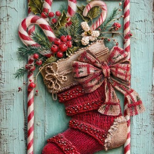 Peut inclure: Une chaussette de Noël décorative dans un cadre à rayures rouges et blanches. La chaussette rouge est ornée d'un grand nœud et remplie de verdure, de baies et de cannes en sucre. Sur un fond en bois bleu clair vieilli.