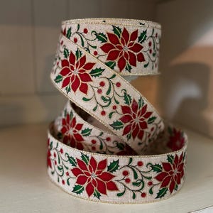 Poinsettia Ribbon-Christmas tree Ribbon- Wreath Bows-Holiday Ribbon- Wreath attachment - Christmas Ribbon- Ribbon making bows