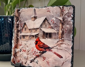 Cardinal Bird, Vintage Cardinal, Winter Decor, Gift for her, Photo Slate, Home decor, Stone Slate, Christmas gift