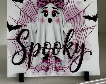不気味なピンクのゴーストハロウィンメタルサイン、10x10の壁またはリースの装飾、ハロウィンの壁アート、ピンクのゴーストの壁の装飾、かわいいピンクのゴーストサイン