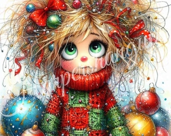 Whimsical Christmas Girl Metal Sign, Cute Holiday Wall Art, 10x10 Christmas Decoration, Festive Ornament Girl Sign, Wreath Attachment