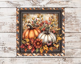 Fall Pumpkin Metal Sign, 10 Inch Autumn Wall Decor with Orange & White Pumpkins, Sunflowers, Rustic Farmhouse Harvest Sign, Autumn Wreath