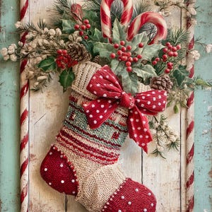 May include: A festive Christmas stocking with a red polka-dot bow and accents, nestled among holly, pine, and candy canes. The stocking is red, cream, and green, set against a rustic wooden background with a candy cane-striped frame.