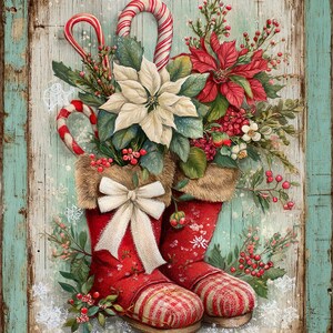 Peut inclure: Illustration de Noël avec des bottes rouges ornées de décorations festives. Les bottes sont remplies de fleurs, de baies et de cannes en sucre. Un nœud blanc et des flocons de neige ornent les bottes, sur fond de bois rustique.
