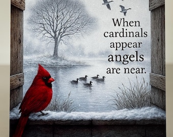 „When Cardinals Appear Angels Are Nahe“ Metall-Schild, 10x10, Rustikaler Winter, Cardinal