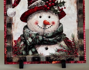 Placa de metal rústica de boneco de neve natalino, decoração de feriado 10x10, boneco de neve com cachecol xadrez vintage, arte de parede de fazenda de inverno, acessório para guirlanda