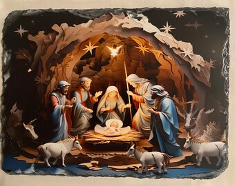 3D Nativity Scene, Nativity Scene, Christmas Nativity Scene, Photo Slate, Religious Gift, Home decor, Stone Slate, Christmas gift