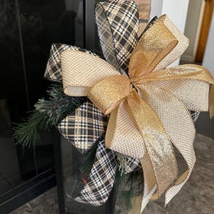 Schwarz und Gold Schleife Weihnachtsbaum Schleife, Weihnachtsschleife für Kranz, Laterne Schleife, Baumspitze, schwarz karierte und Gold Schleife, Schleifenbefestigung