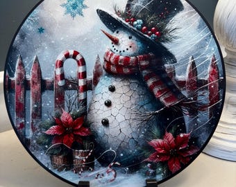 Placa de boneco de neve vintage, boneco de neve com bengala de doces, placa de fixação, decoração de boneco de neve, decoração de Natal campestre