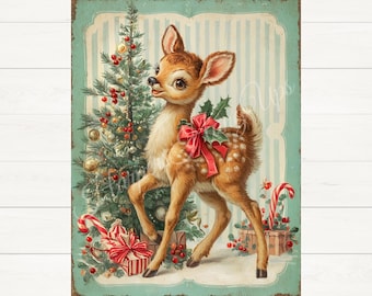 Decoración navideña vintage, letrero metálico de ciervo, arte de pared navideño retro, decoración navideña estilo casa de campo, bastón de caramelo, adorno de corona de cervatillo, 8x10