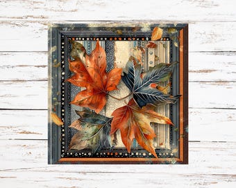 Fall Leaves Metal Sign, 10x10 Leaves Wall Art,  Autumn Leaves Wreath Attachment, Farmhouse Fall Decor,  Rustic Fall Wall Décor,