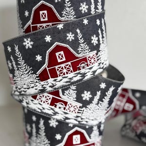 Red Barn Christmas Ribbon- Red and Gray Wired Ribbon-Bow making ribbon-Farmhouse Ribbon- Red Barn Wreath Attatchment - Gift Wrapping