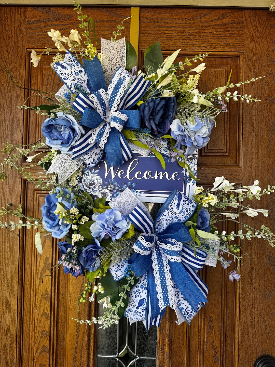 Blue and White Welcome Wreath | Spring Door Wreath | Elegant Front Door ...