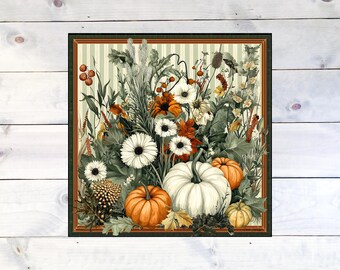 Fall Pumpkin Metal Sign – 10x10 Orange & White Pumpkin Sign – Autumn Wreath Attachment – Harvest Fall Decor – Rustic Thanksgiving