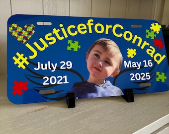 Personalized Justice for Conrad Memorial License Plate | Autism Awareness Puzzle Design | With or Without Hashtag Option | Tribute Plate