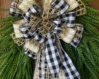 Lazo XL a cuadros de búfalo para corona, lazo para farol de granja, lazo a cuadros blancos y negros, lazo para decoración de puerta principal, adorno rústico para la cima del árbol, lazo grande hecho a mano