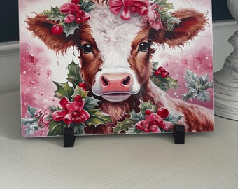 Farmhouse Christmas Cow Metal Sign, Rustic Holiday Wall Art, Country Barnyard Décor for Kitchen, Living Room, or Wreath Attachment