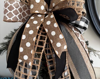 Rustic Farmhouse Bow, Neutral Wreath Bow, Burlap Buffalo Plaid Bow, Black and White Bow, Lantern Bow, Everyday Bow, Designer Ribbon Bow