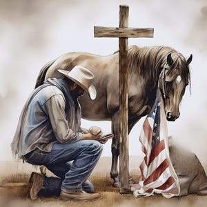 May include: A watercolor painting of a cowboy kneeling in prayer with his horse beside him. The cowboy is wearing a brown hat, a blue shirt, and blue jeans. The horse is brown and has a white star on its forehead. A wooden cross stands behind them, and an American flag drapes over the horse's neck.