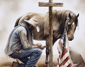 Cowboy Prayer Metal Sign – Western Wall Art with Horse, Cross & American Flag – Rustic Christian Farmhouse Decor Gift for Him, Cowboy Gift