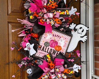 Pink Halloween Ghost Swag, Large Teardrop Door Décor, Candy Corn Pumpkin Wreath, Whimsical Halloween Front Door Decoration, Halloween Wreath