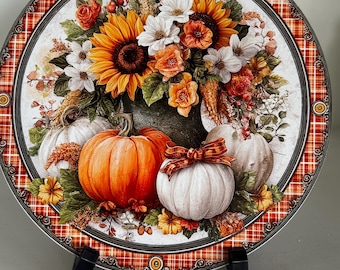 Rustic Fall Pumpkin & Floral Arrangement Sign, Harvest Wall Decor, Farmhouse Thanksgiving Sign, Fall Round Metal Sign, Wreath attachment