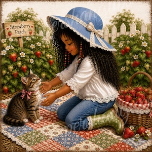 May include: A young person kneels on a patchwork quilt, petting a tabby kitten wearing a red bow tie. A blue hat with a lace brim and a white blouse are worn. A sign reads "Strawberry Patch" near strawberry plants and a basket of strawberries.
