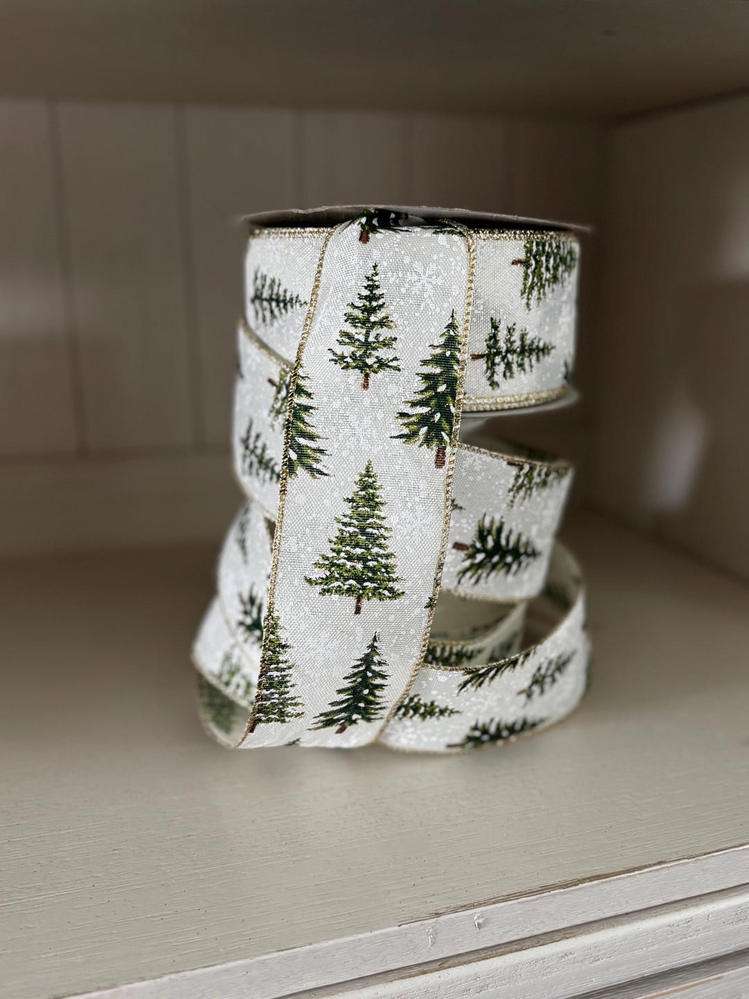 Snowy Pine Tree Christmas Ribbon With Gold Trim – 2.5” Wired Winter ...