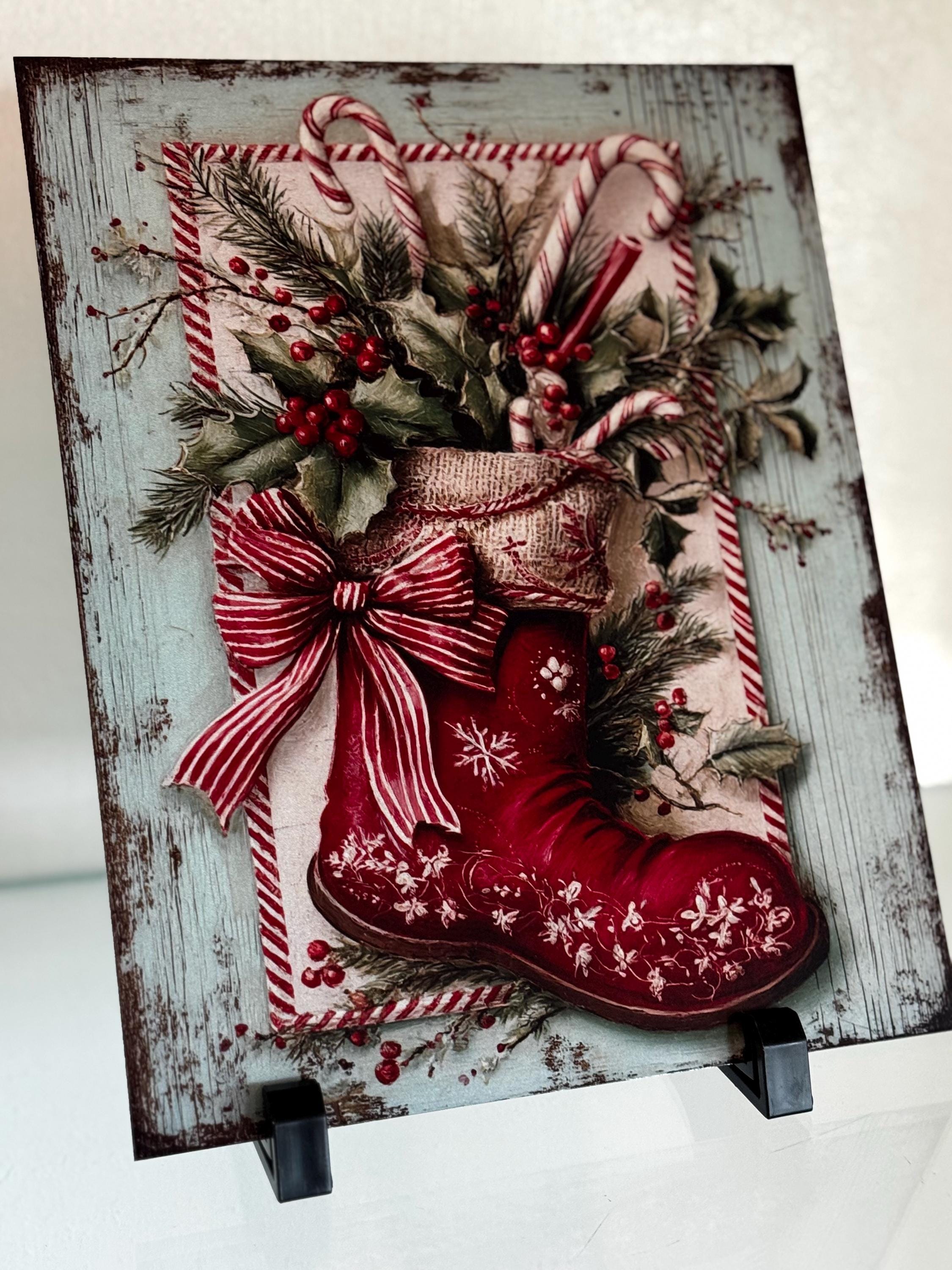 Vintage Red Christmas Stocking Metal Sign, 8x10 Farmhouse Holiday Wall ...
