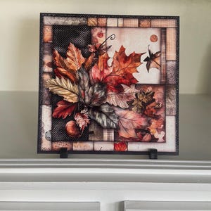 May include: Square artwork featuring a collage of autumn leaves in shades of red, orange, and brown. The leaves are arranged in a cluster, with a mix of textures and patterns. The artwork is framed in a black border and displayed on a stand.