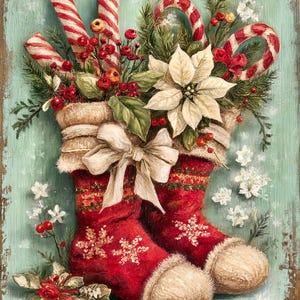 May include: A Christmas image showing two red stockings decorated with white snowflakes. They are filled with candy canes, berries, and foliage, and tied with a large white bow. The background is a distressed teal colour.