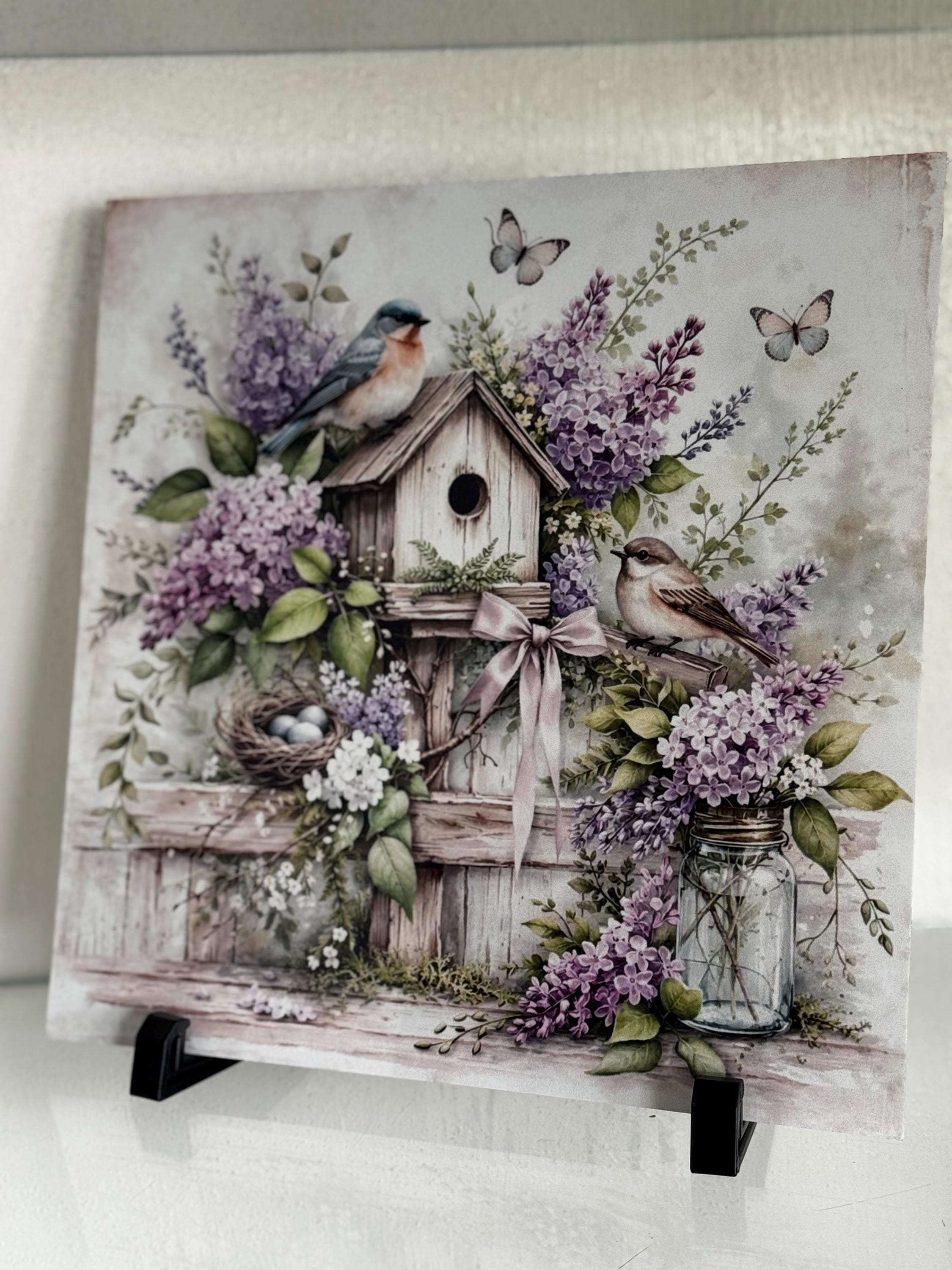 Spring Birdhouse Sign, Bluebird Wall Decor, Purple Floral Farmhouse ...